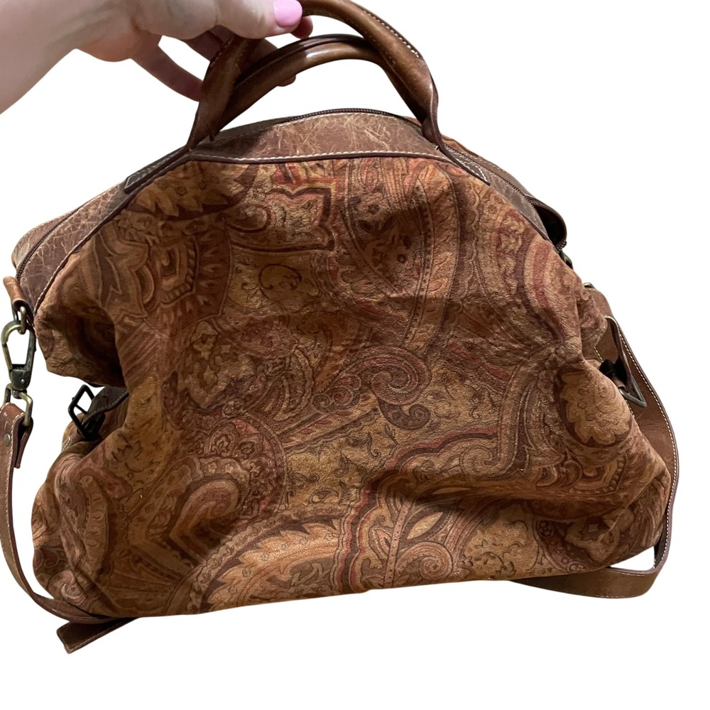VTG J. Jill Brown Paisley Tapestry Leather Carpet Weekender Travel Bag Duffel